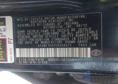 2012 Toyota Camry Xle z USA, uszkodzony, nr VIN 4T4BF1FK7CR244572